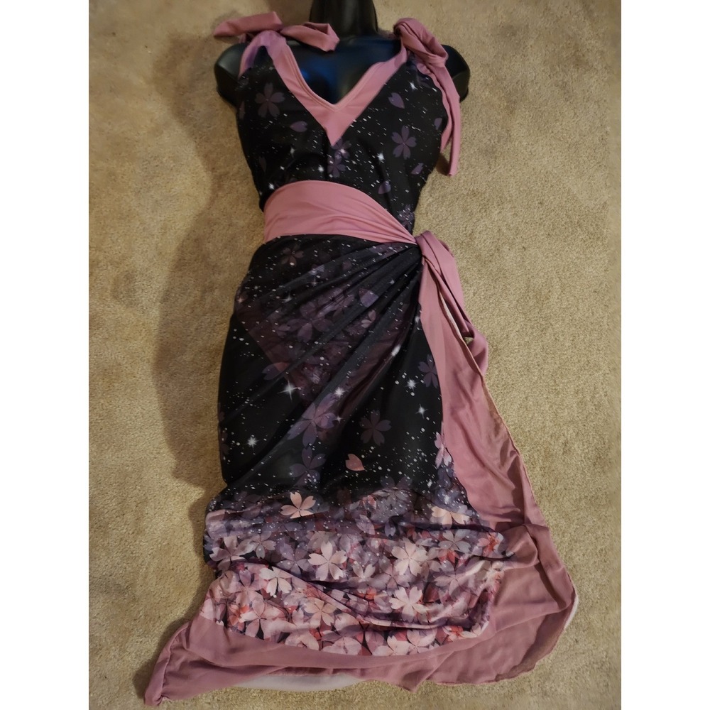 Sakura Cherry Blossom Celestial Swimsuit and Sarong Set Black Pink 2XL